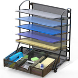 Onnekas 6 Trays Desk Document File Tray Organizer with Supplies Sliding Drawer, Black