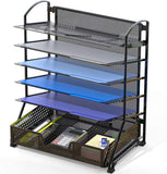 Onnekas 6 Trays Desk Document File Tray Organizer with Supplies Sliding Drawer, Black